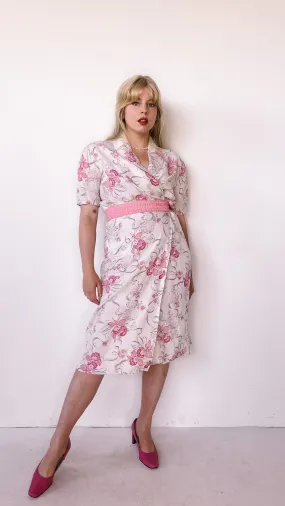 1940s Brush Pen Pink Floral Wrap Dress, sz. M