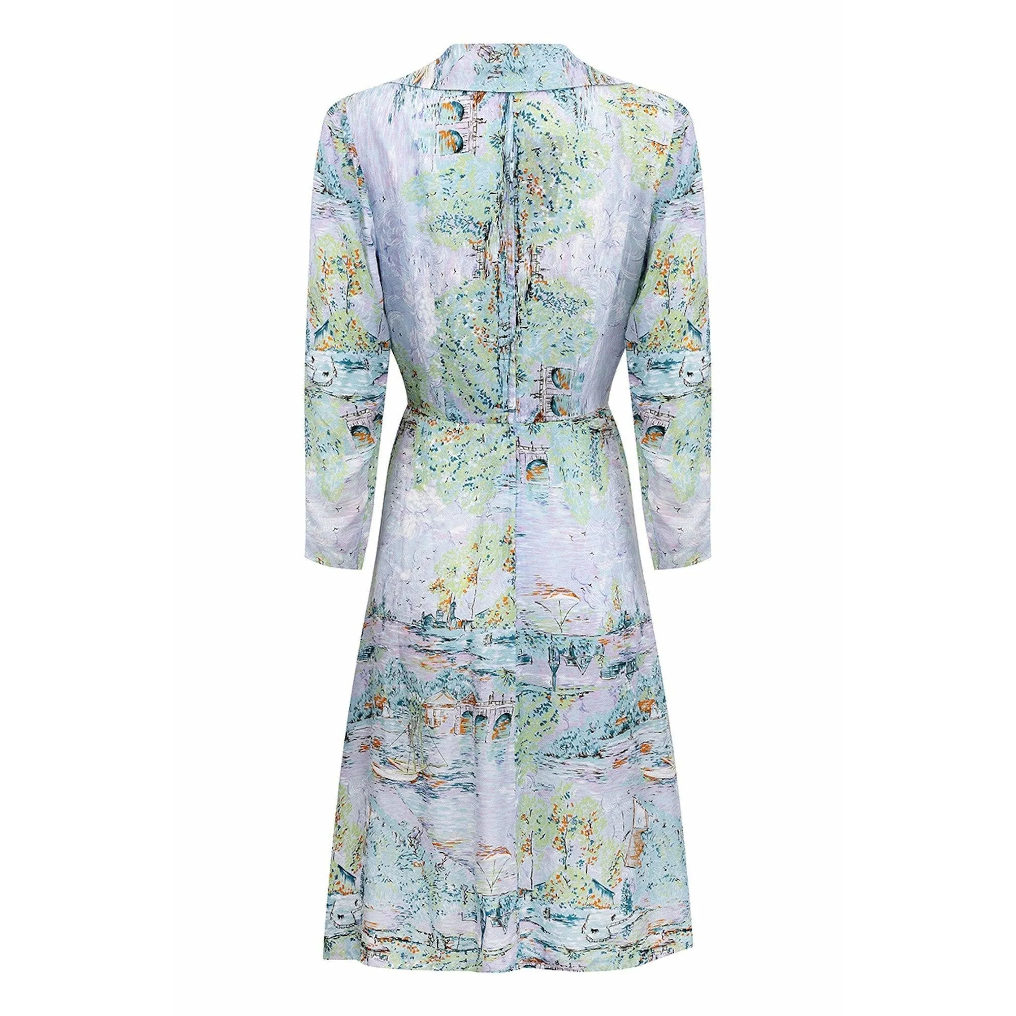 1940s Novelty Ship Print Pastel Coloured Rayon Dress