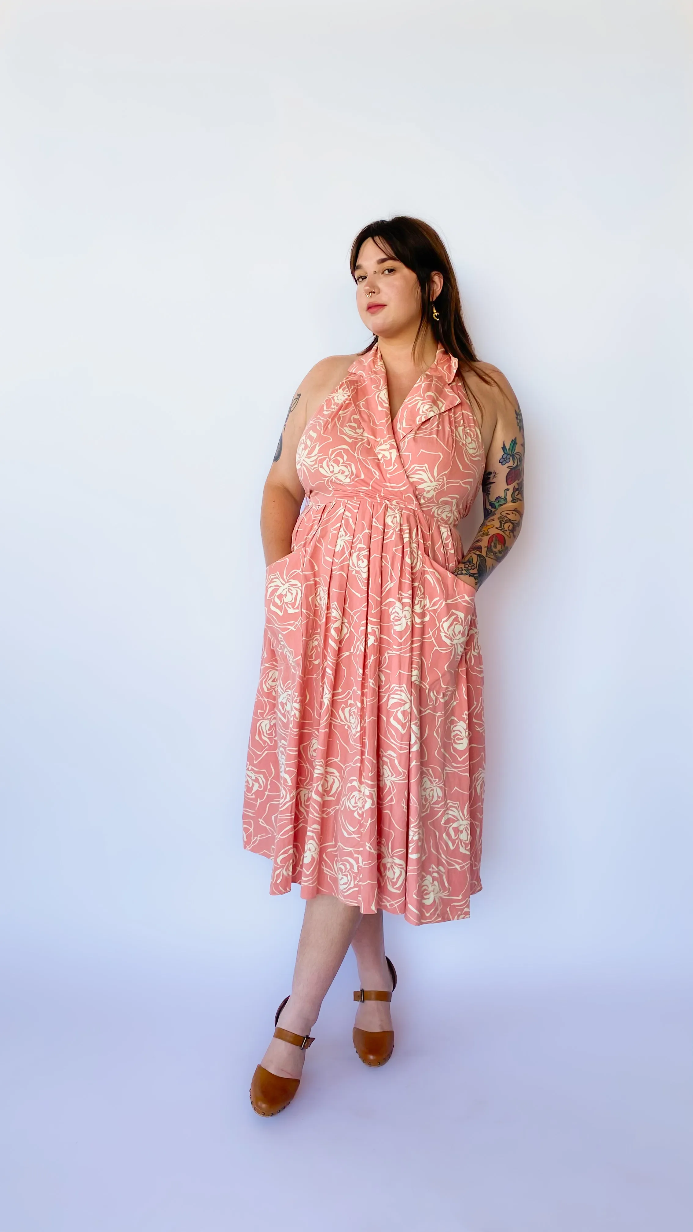 1980s Peach Floral Halter Dress, sz. XL