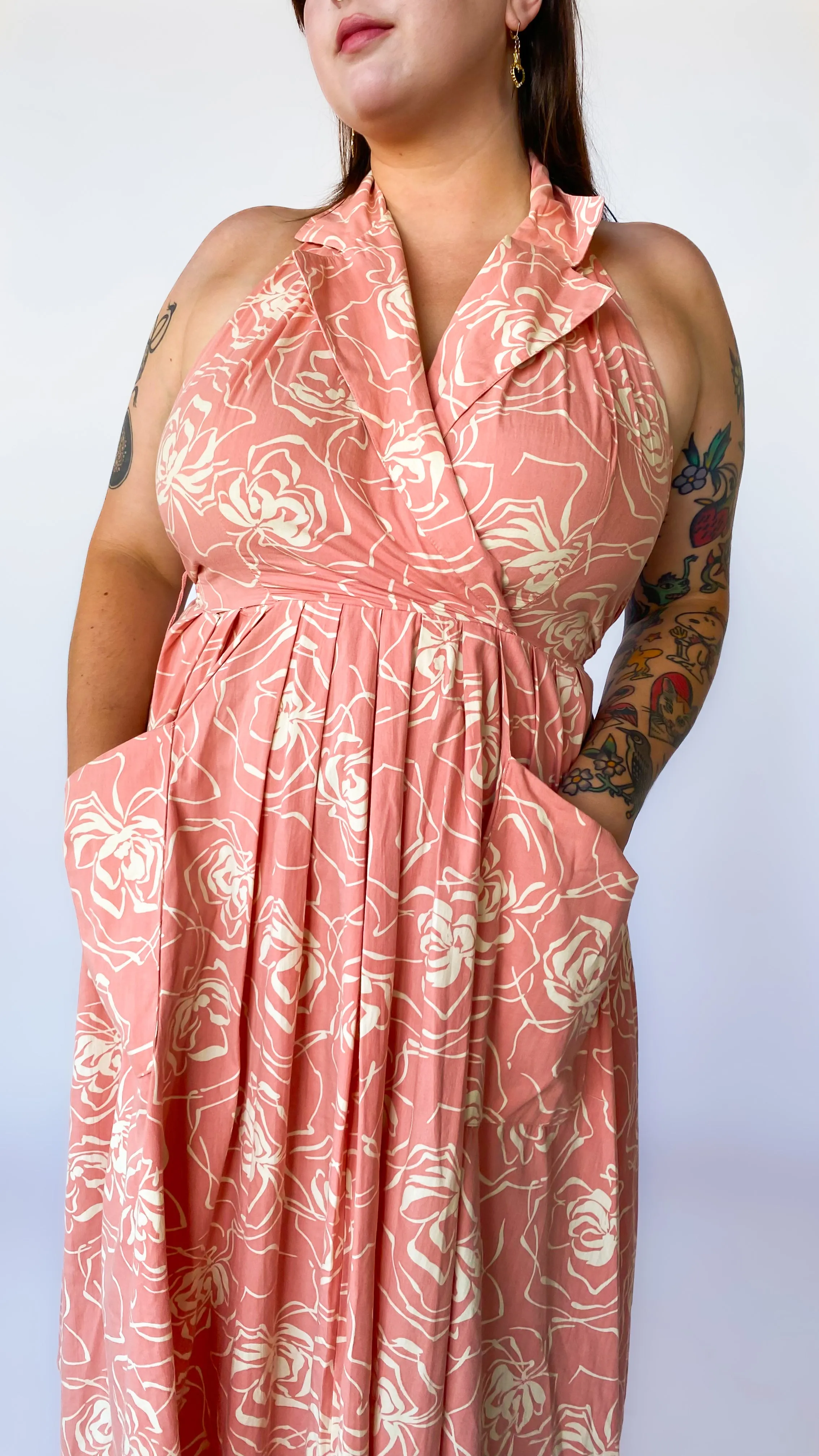 1980s Peach Floral Halter Dress, sz. XL