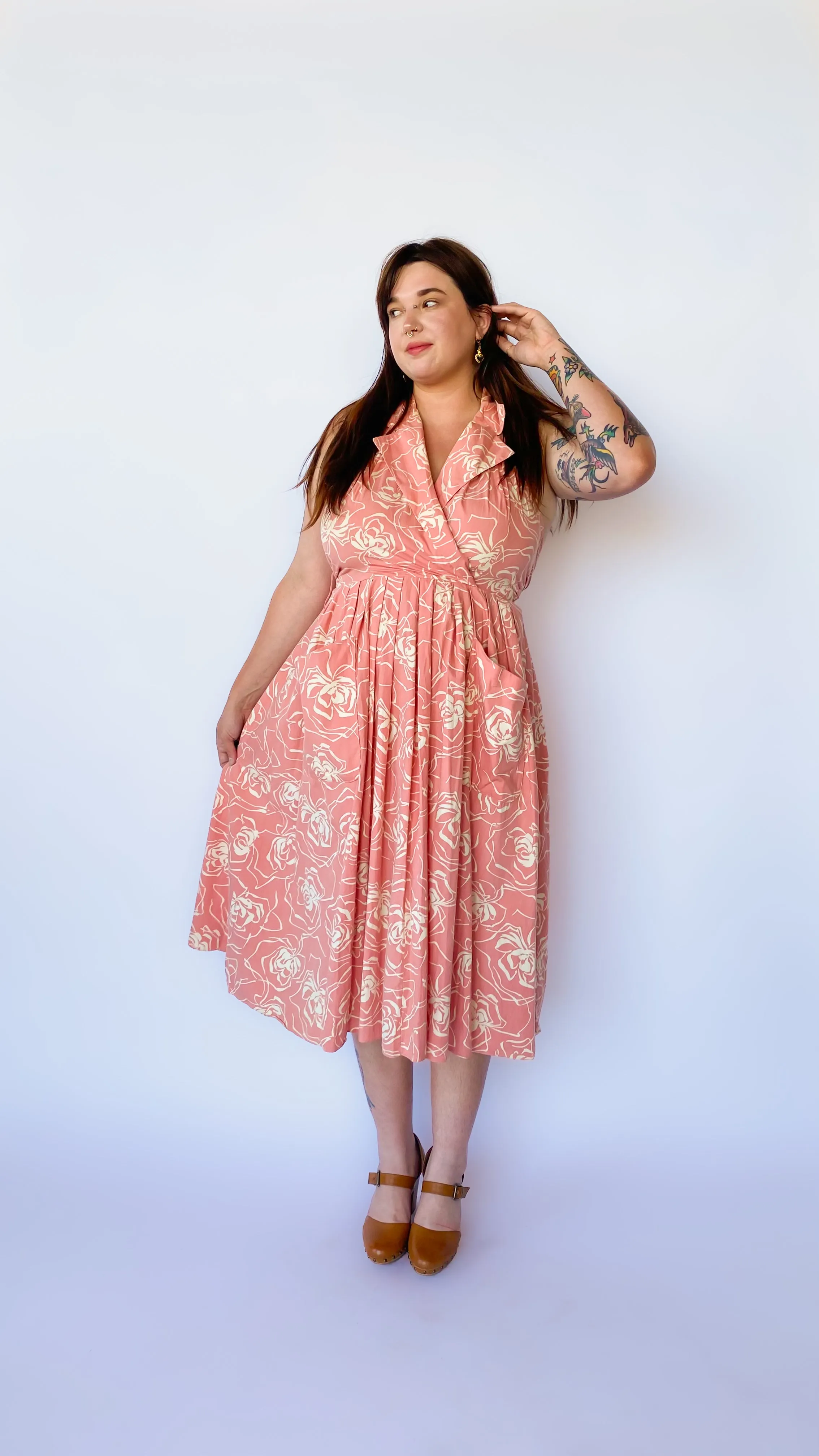 1980s Peach Floral Halter Dress, sz. XL