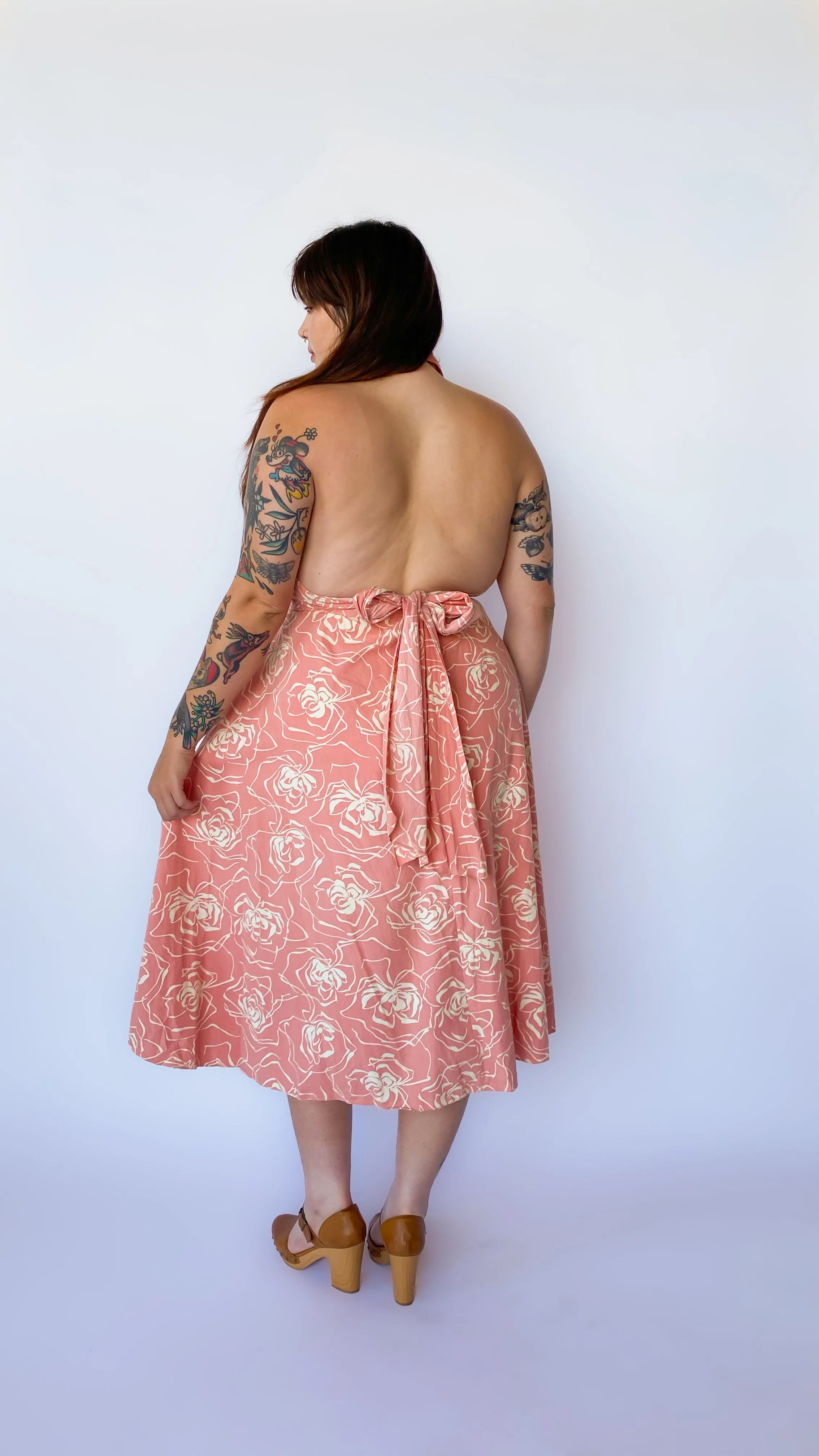 1980s Peach Floral Halter Dress, sz. XL