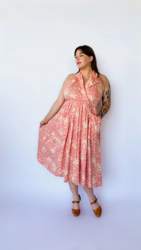 1980s Peach Floral Halter Dress, sz. XL