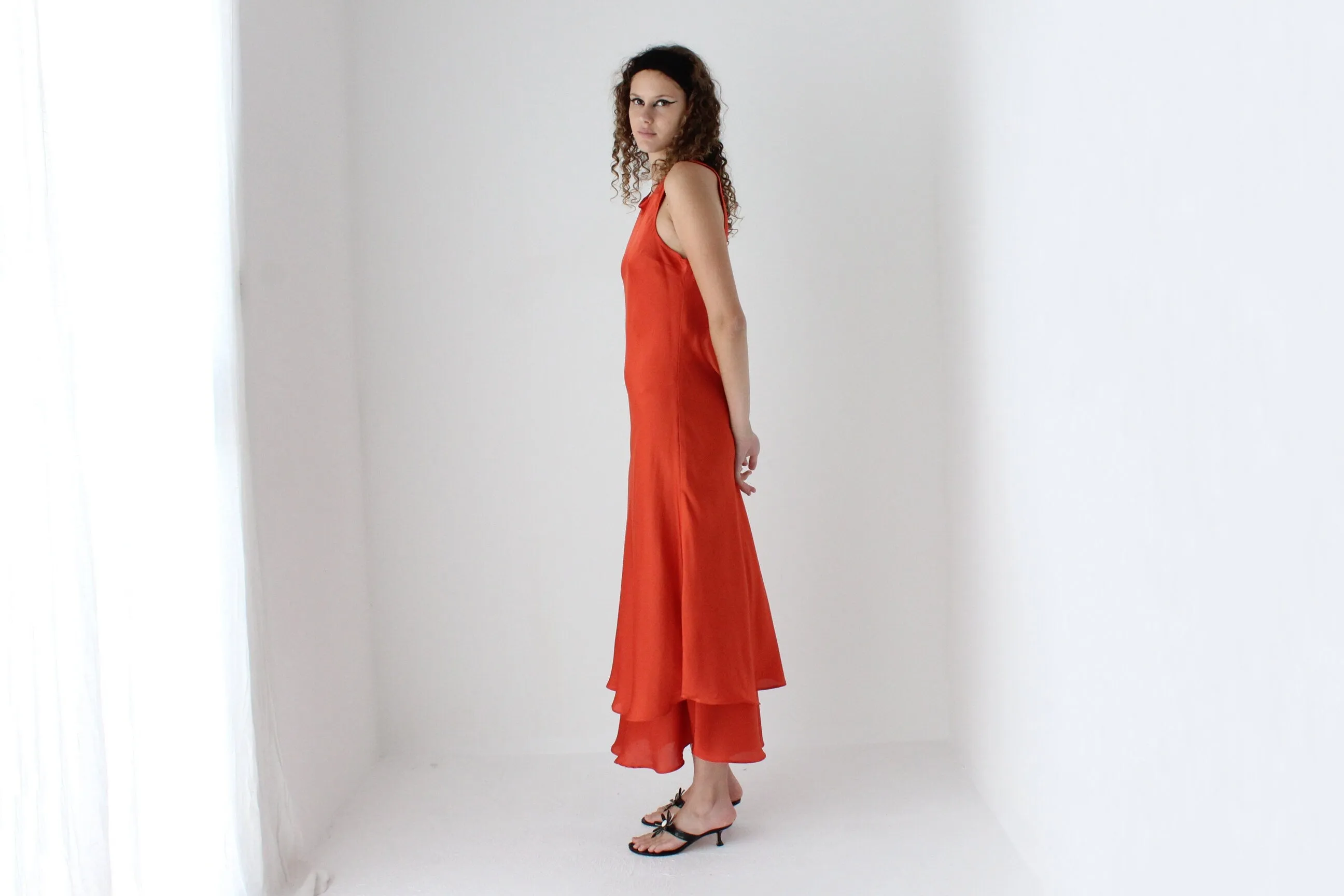 90s Luminescent Orange Layered Silk Gown