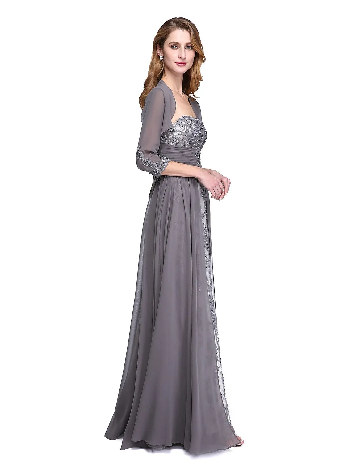 A-Line Mother of the Bride Dress Wrap Included Strapless Floor Length Chiffon Beaded Lace Sleeveless yes with Ruched Beading Appliques