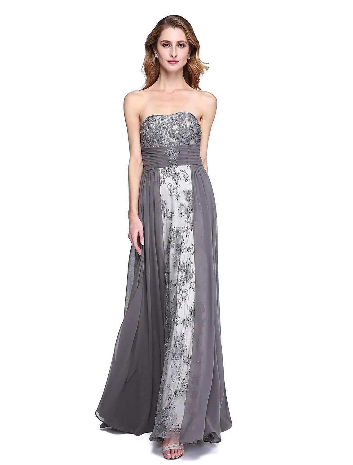 A-Line Mother of the Bride Dress Wrap Included Strapless Floor Length Chiffon Beaded Lace Sleeveless yes with Ruched Beading Appliques