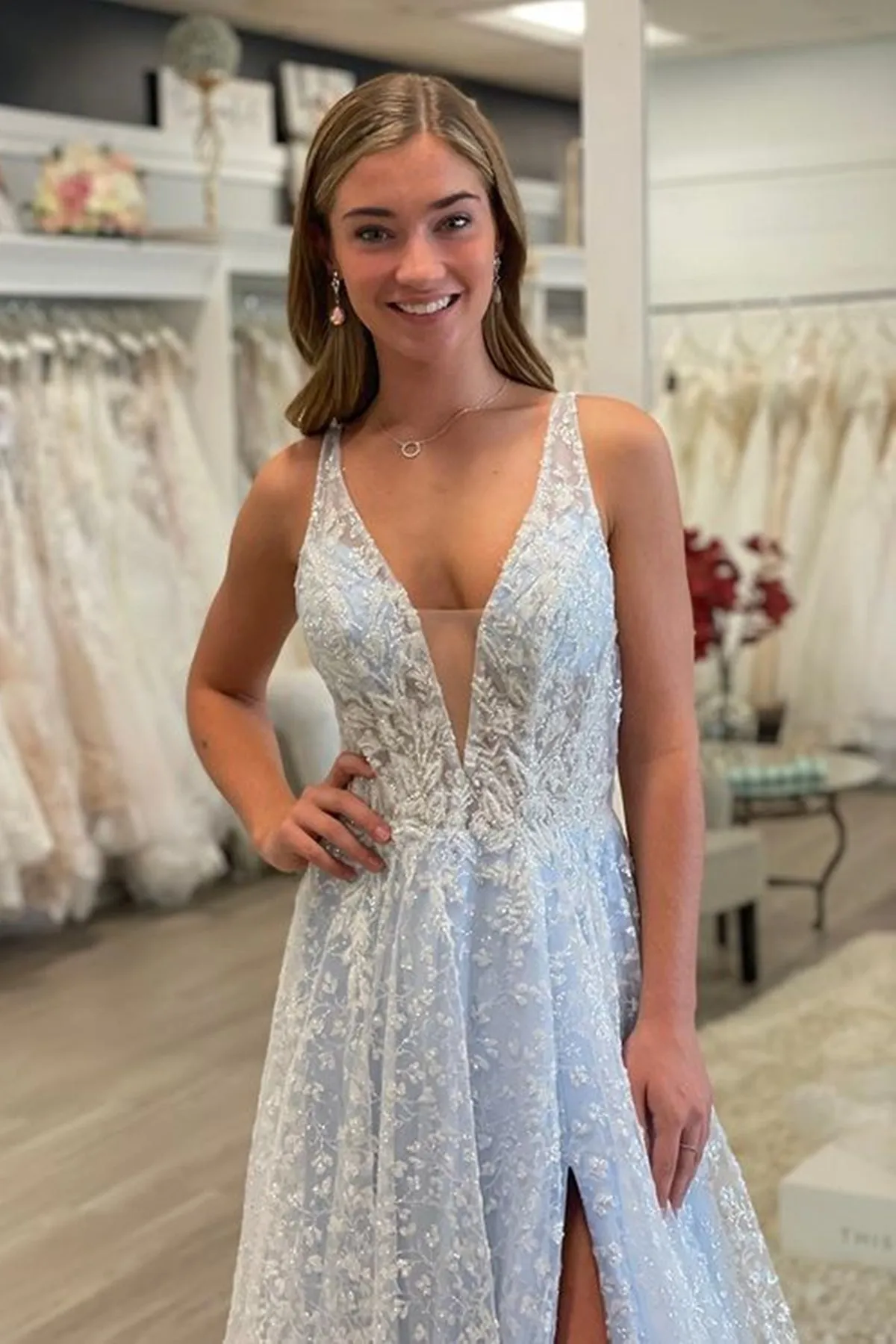 A Line V Neck Light Blue Lace Long Prom Dress with High Slit, Light Blue Lace Formal Graduation Evening Dress A1792