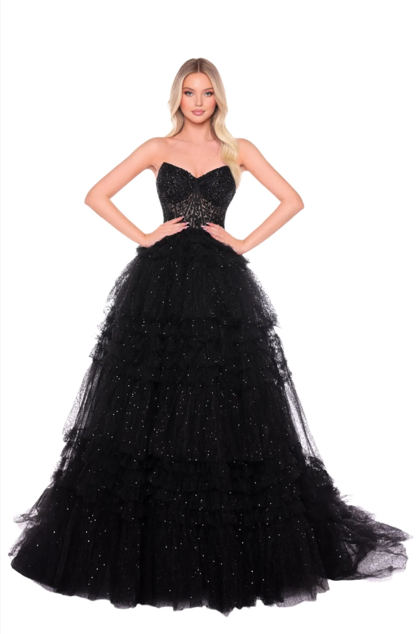 Amarra 88099 Layer Maxi Slit Ballgown Dress Lace Pageant Formal Gown Pleated Shimmer