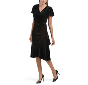 Anne Klein Women's Dahlia Flutter Sleeve Ruffle Skirt Wrap Style Velvet Midi Dress