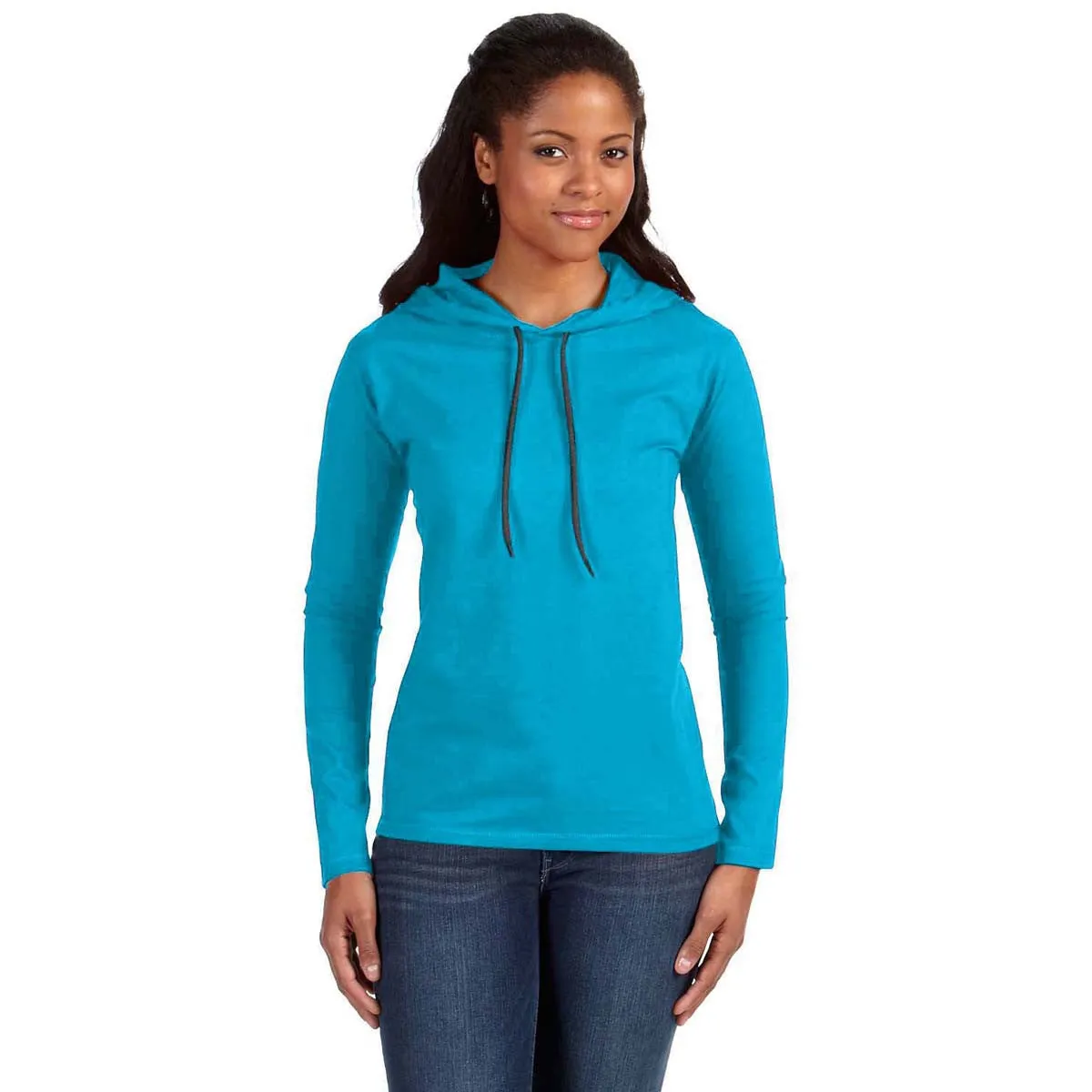 Anvil Women's Caribbean Blue/Dark Grey Long-Sleeve Hooded T-Shirt