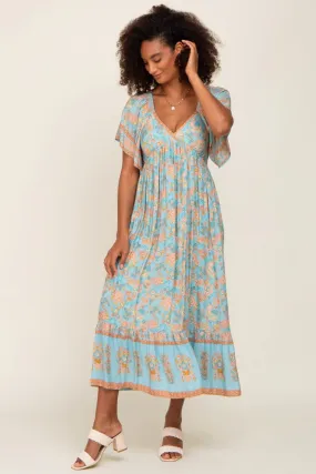 Aqua Floral Print Wrap V-Neck Midi Dress