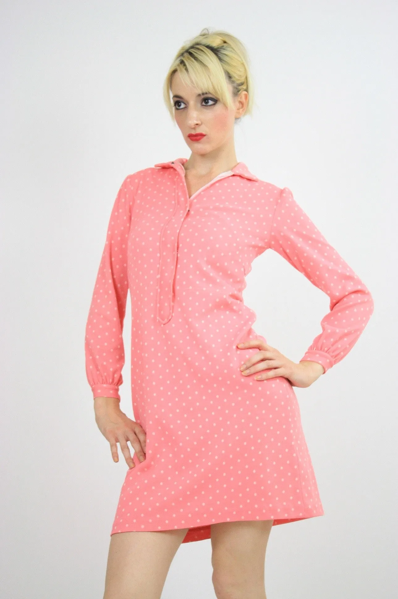 Authentic vintage 60s 1960s mod pink polkadot mini dress