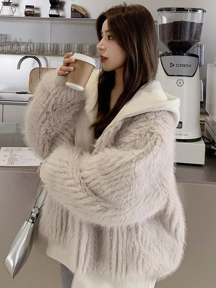 Autumn Winter Loose Furry Soft Warm Faux Fur Coat Women with Hood