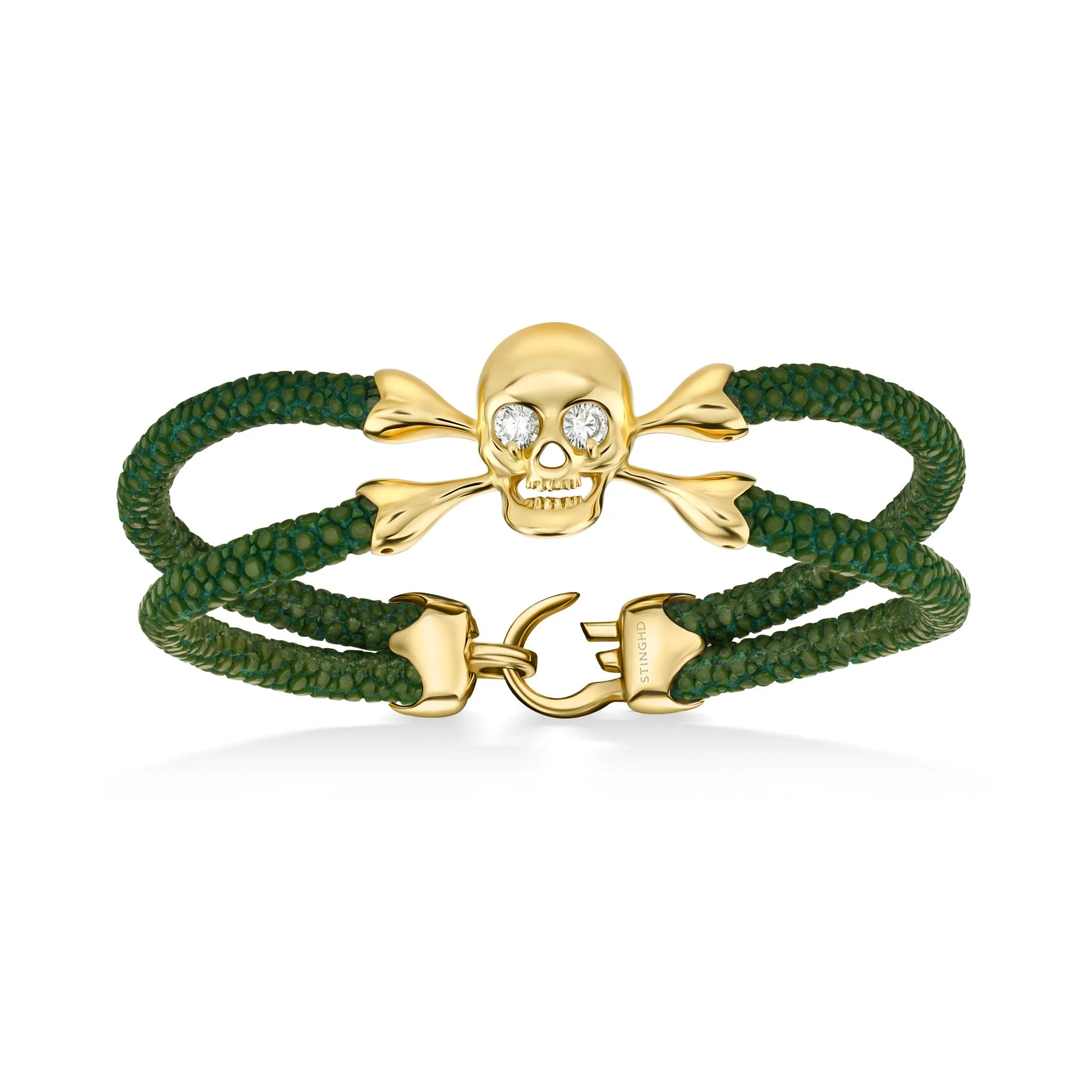 B430 Yellow Gold Skull with Diamond Eyes on Green Stingray