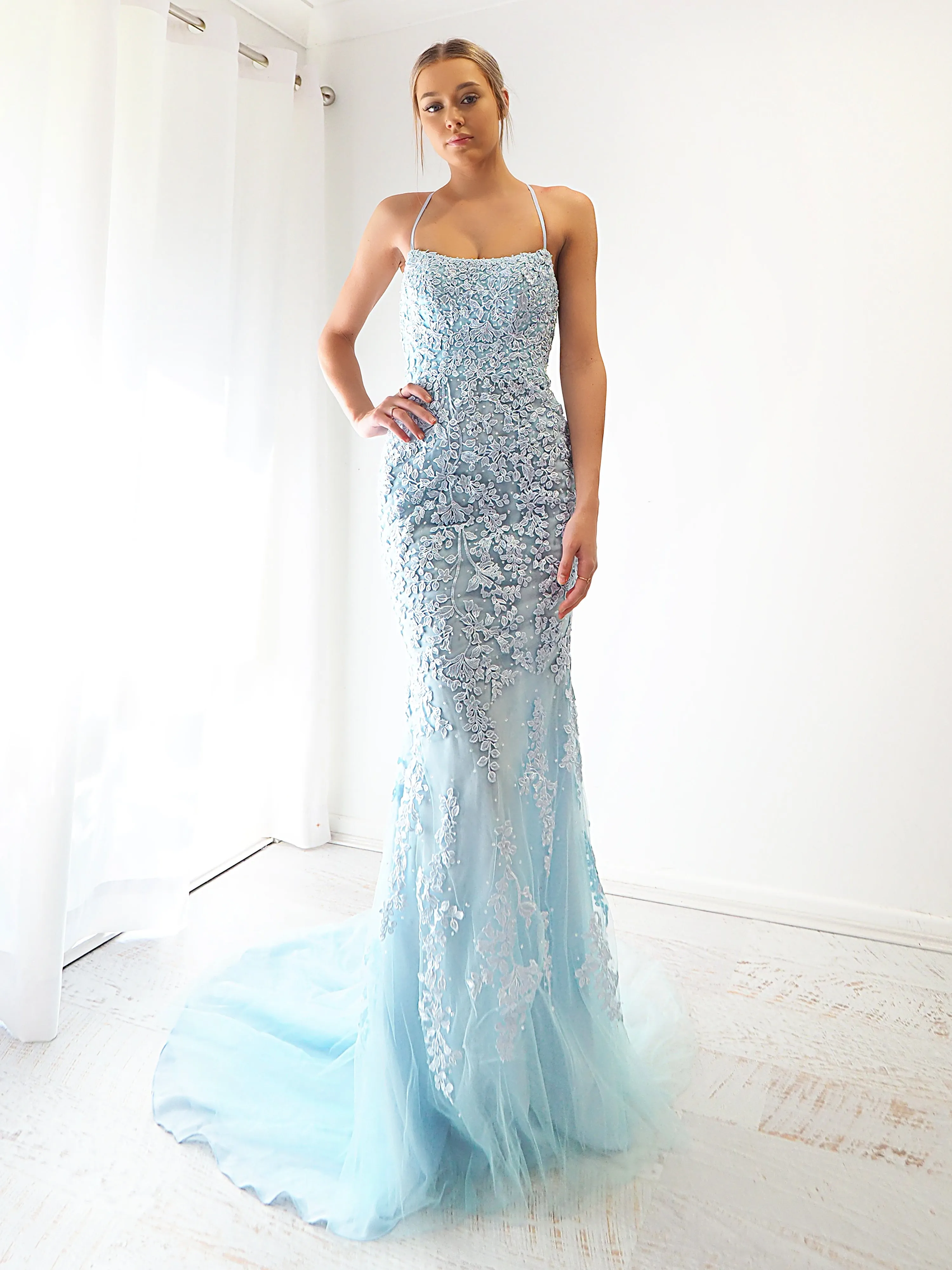 Baby blue tulle mermaid dress with criss-cross back