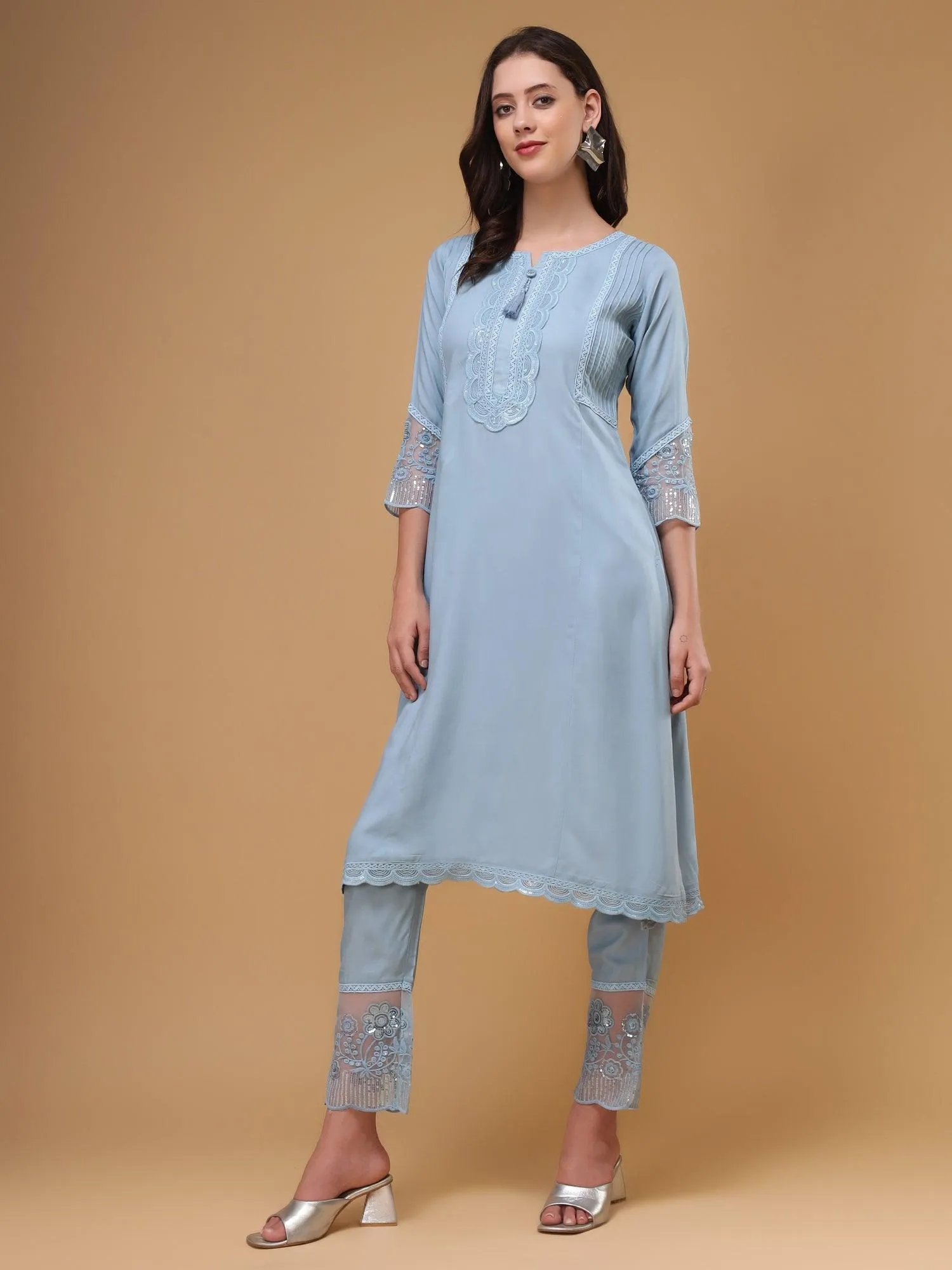 Bani Women Flared Embroidered Rayon Kurta with Trouser & Dupatta, Kurta Set for Women