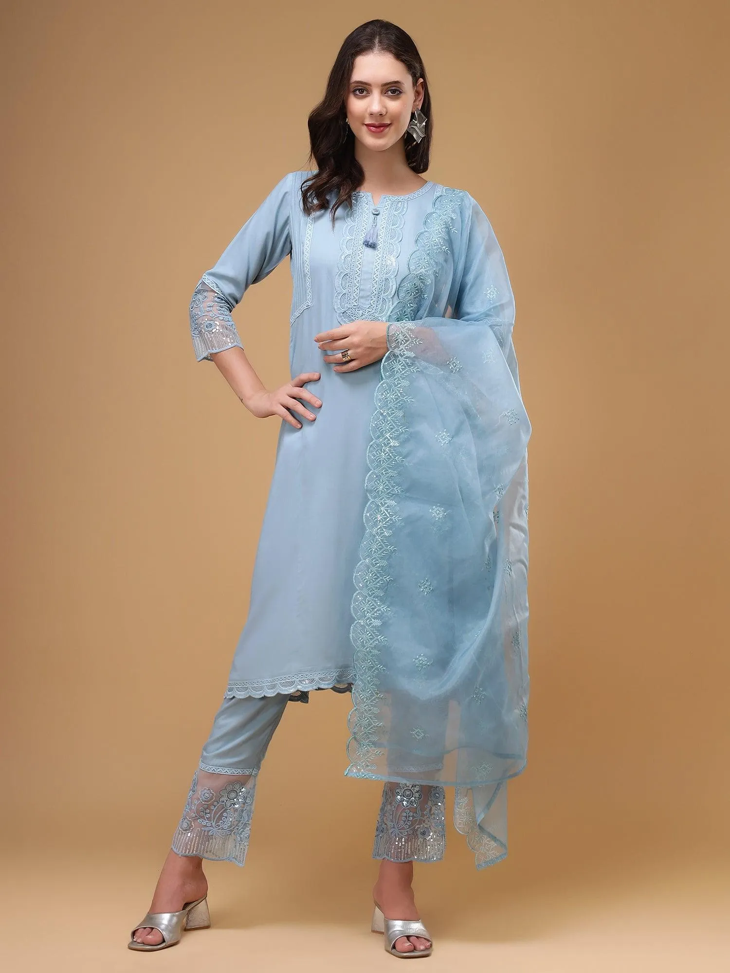 Bani Women Flared Embroidered Rayon Kurta with Trouser & Dupatta, Kurta Set for Women