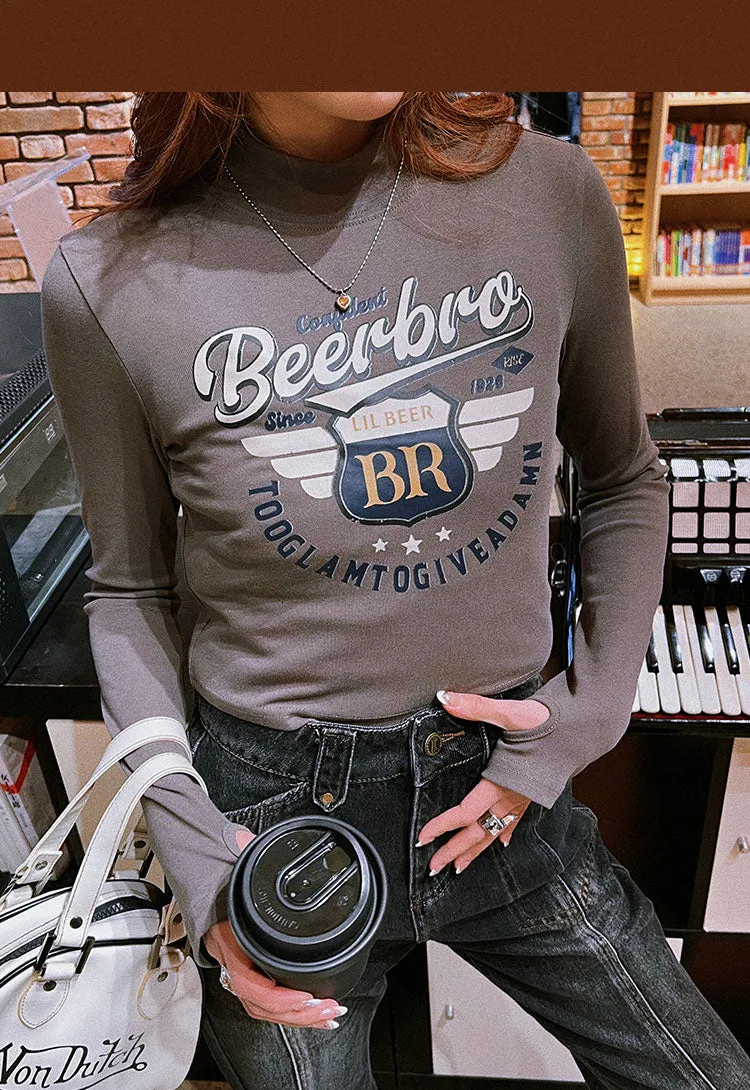 Beerbro Graphic Letter Print Long Sleeve Turtleneck Cropped Top