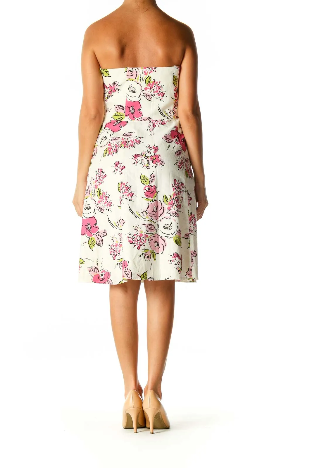 Beige Floral Print Holiday A-Line Dress