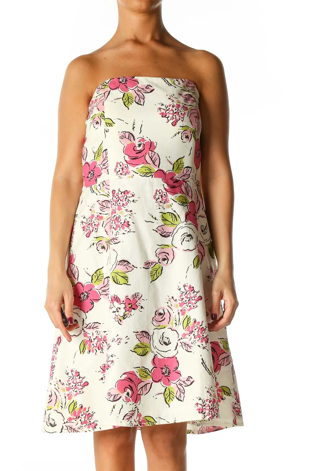 Beige Floral Print Holiday A-Line Dress