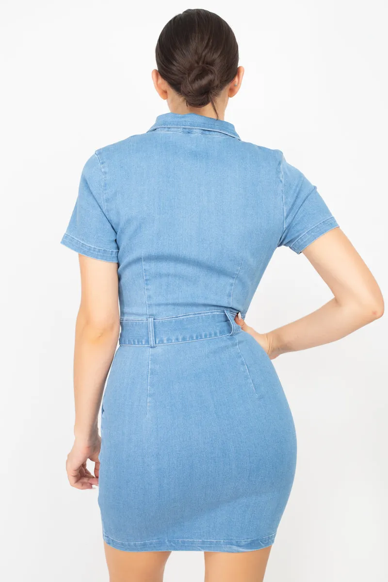 Belted Bodycon Collared Denim Dress