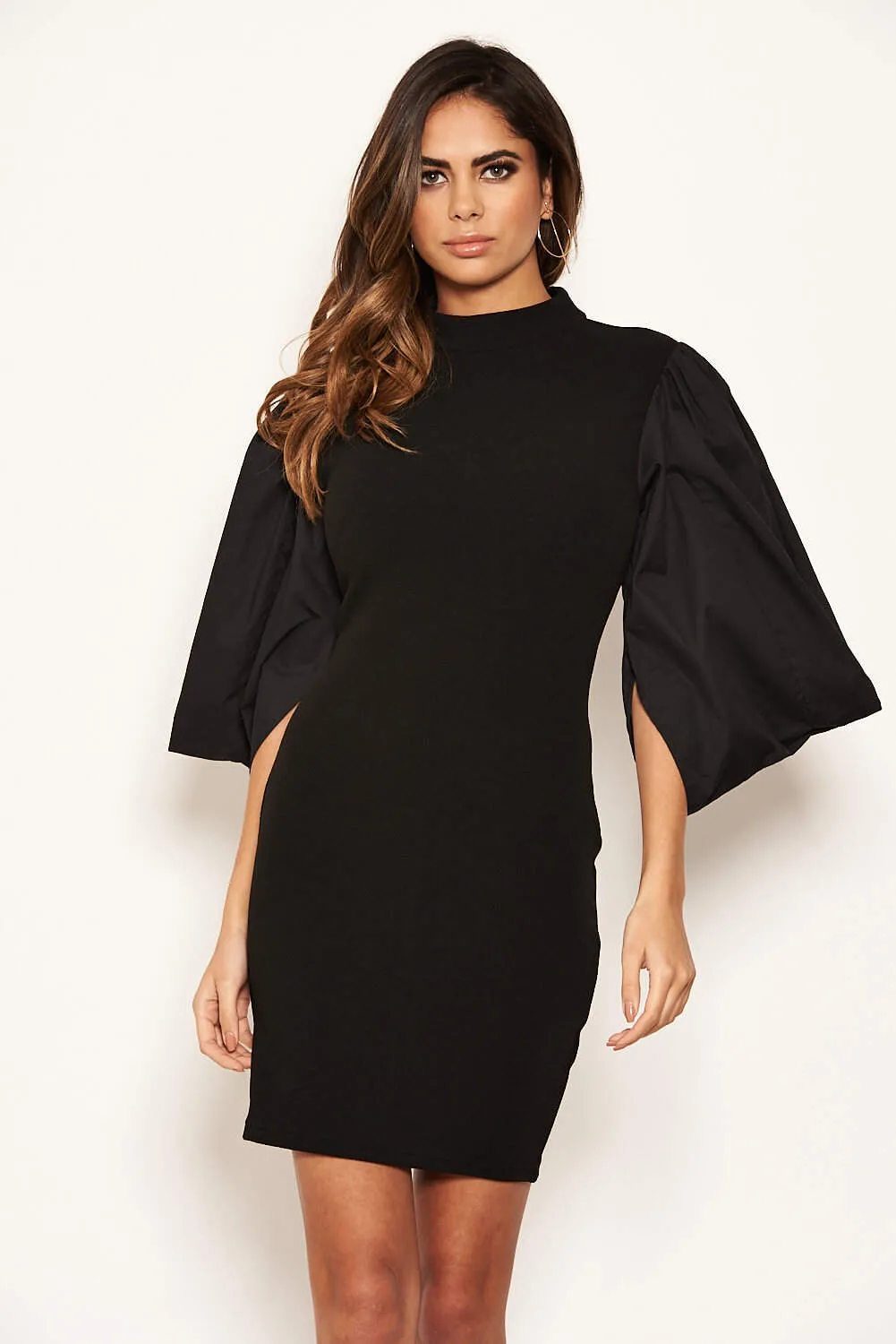 Black Batwing Puff Sleeve Bodycon Dress