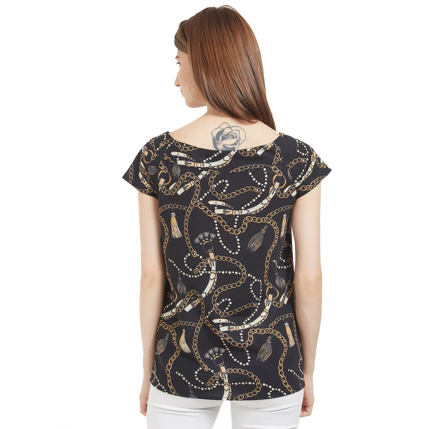 Black Chain Print Top With Tie Up Neck