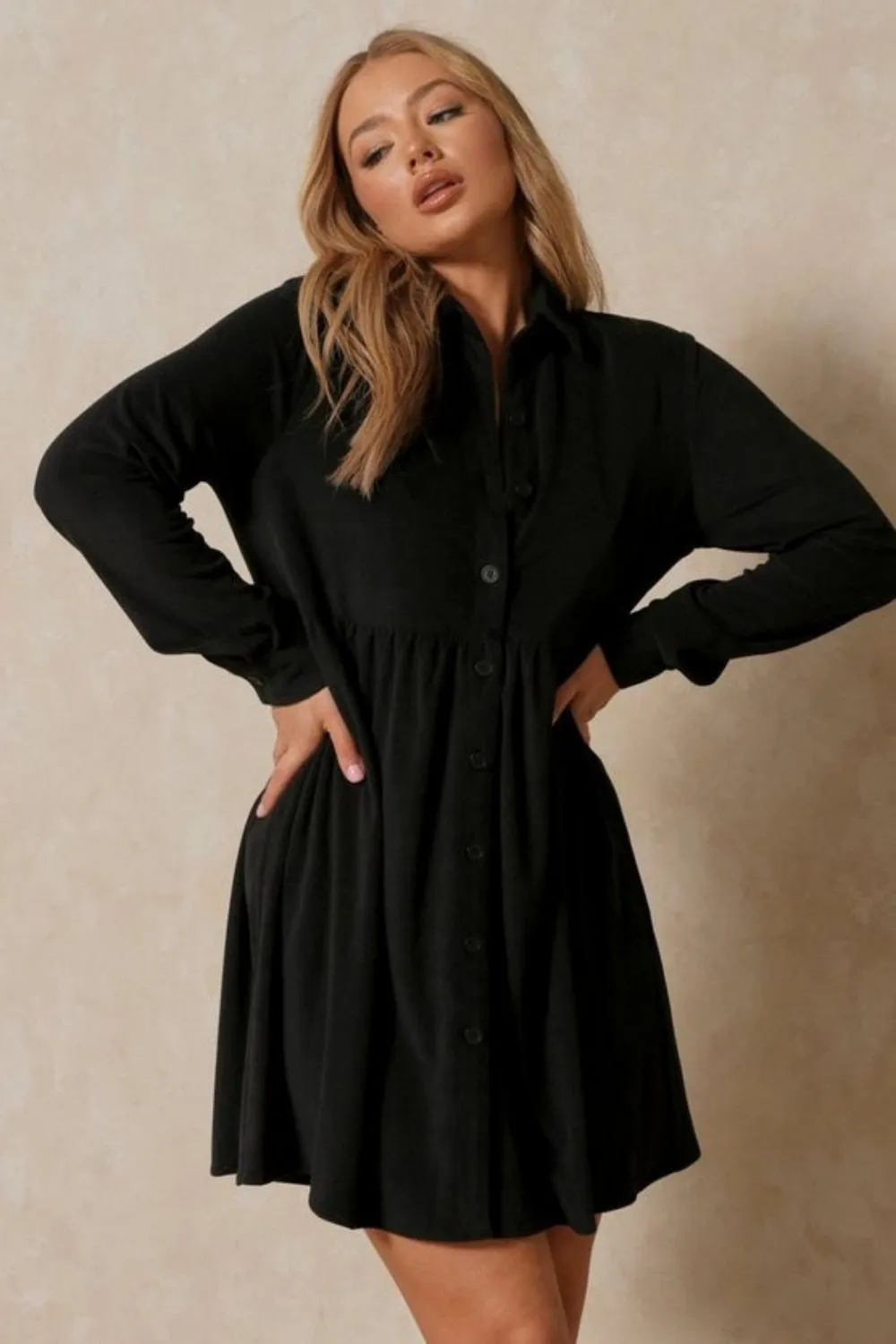 Black Collar Full Sleeves Flare Dress