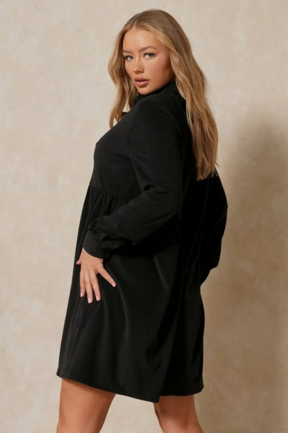 Black Collar Full Sleeves Flare Dress