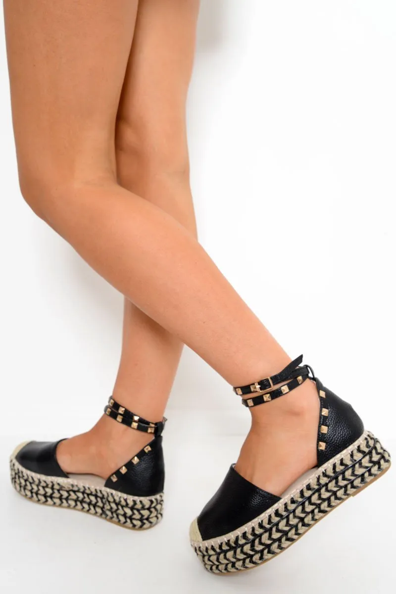 Black Faux Leather Studded Espadrille Flatforms - Elara