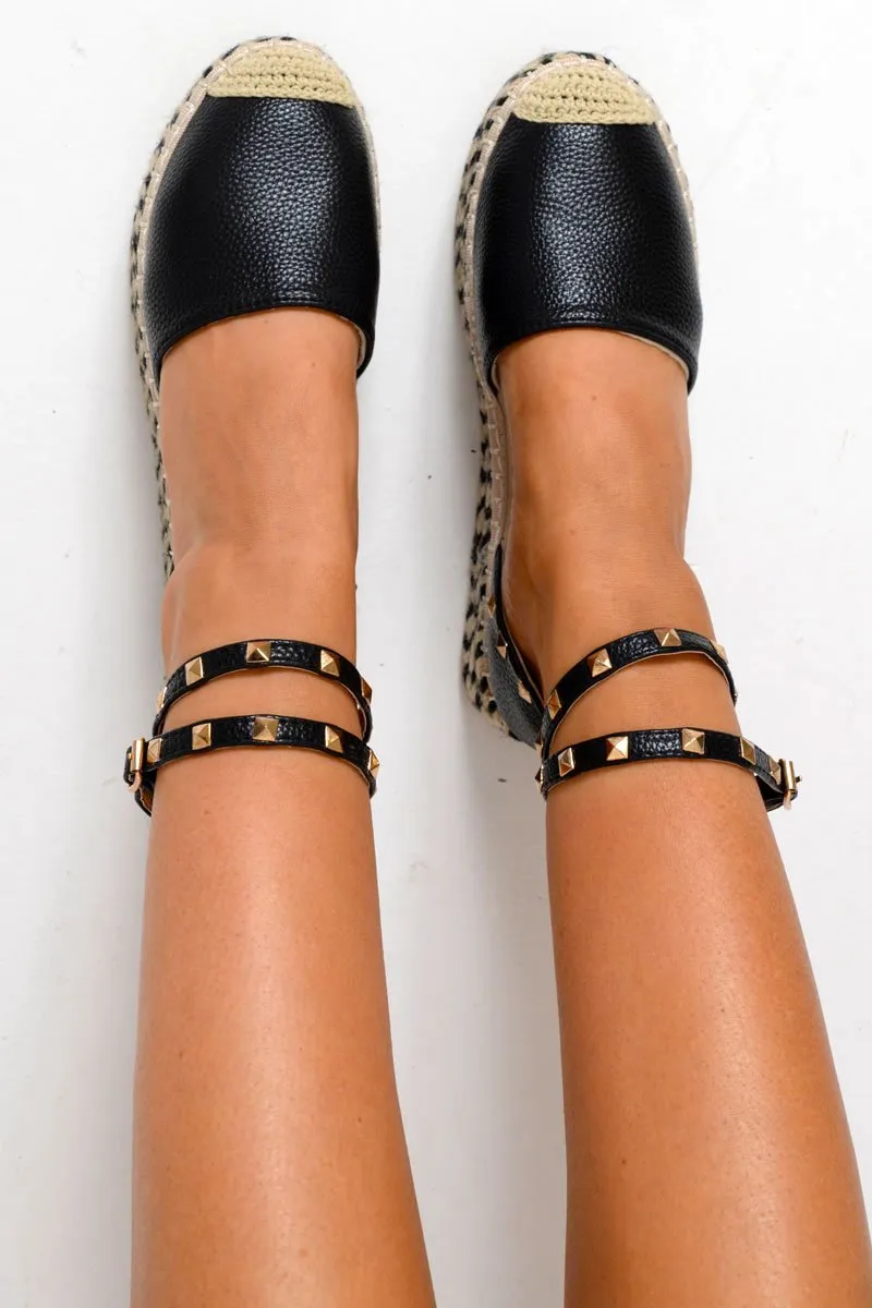 Black Faux Leather Studded Espadrille Flatforms - Elara