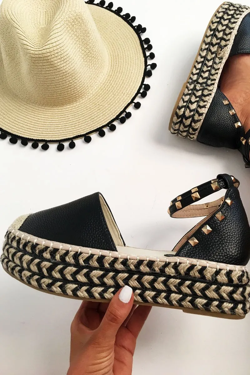 Black Faux Leather Studded Espadrille Flatforms - Elara