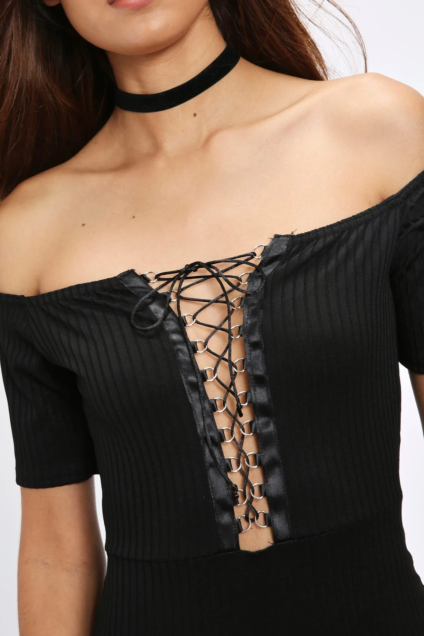 Black Off The Shoulder Lace Up Bodycon