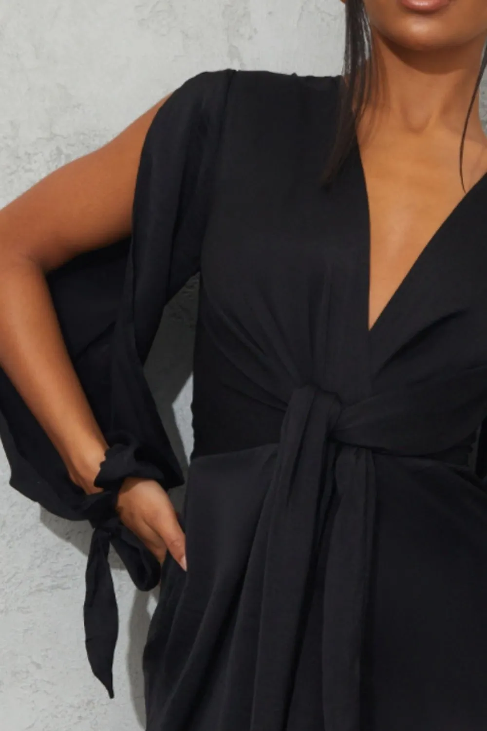 Black Tie Knot Details at Sleeves Min Dress