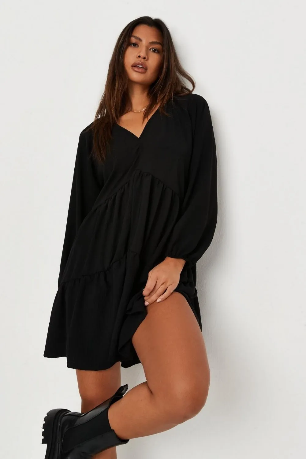 Black tiered v neck smock dress