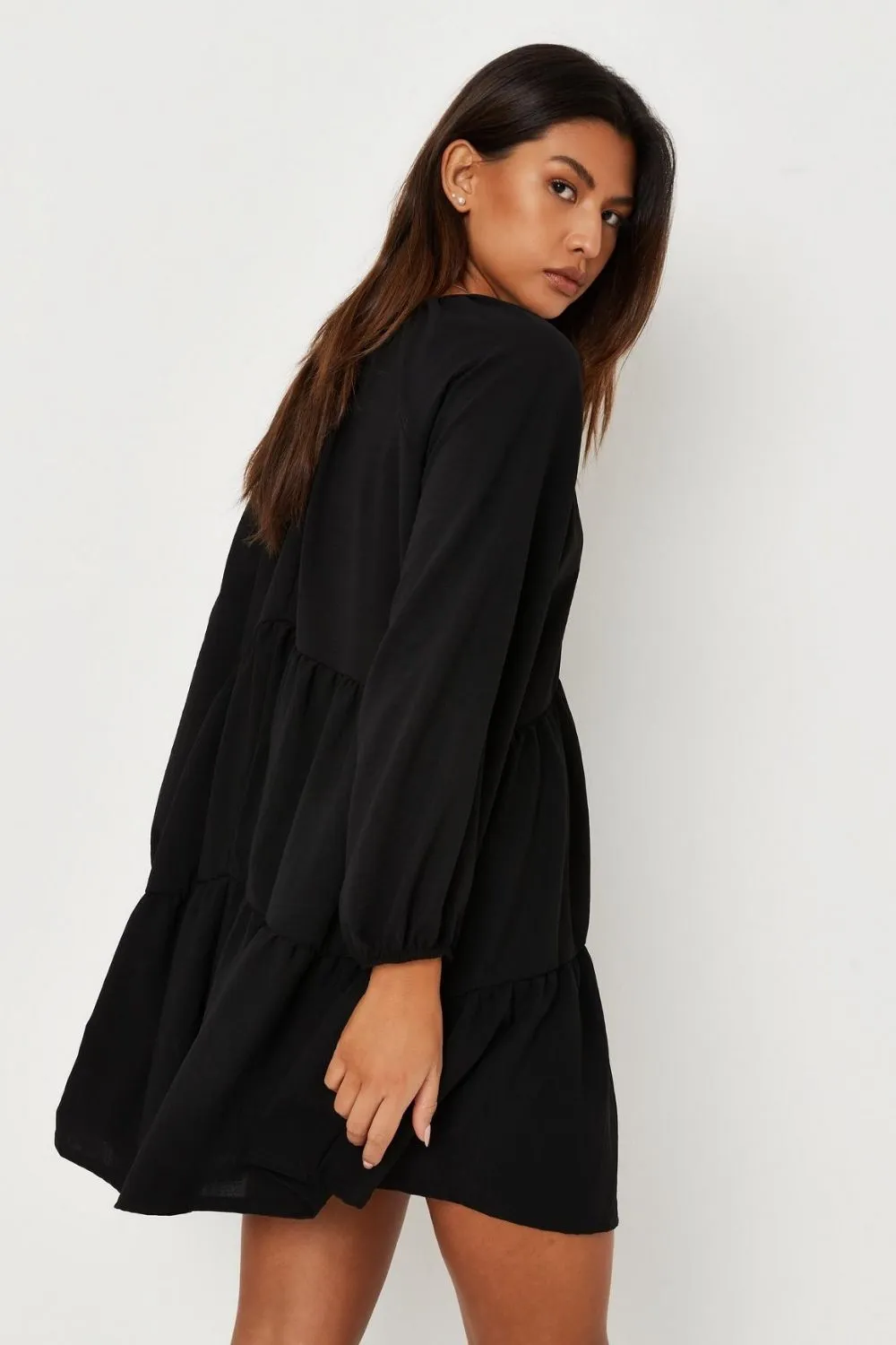 Black tiered v neck smock dress