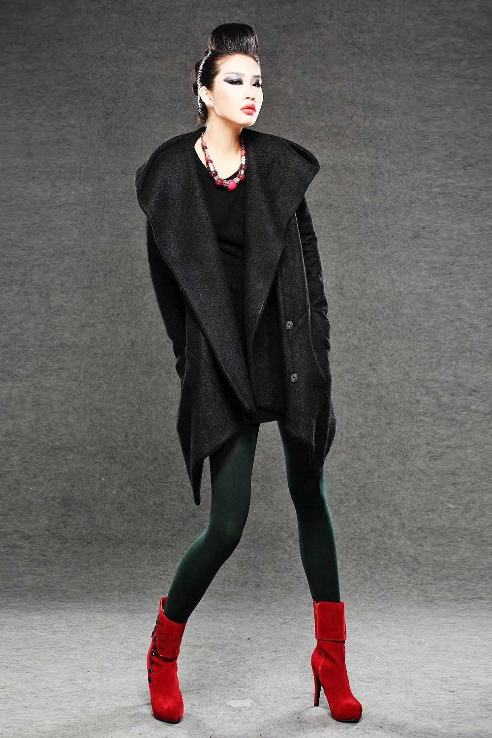 Black Winter Pea Coat - Wrap Around Short Hooded Womens Coat with Asymmetrical Hem (C038)