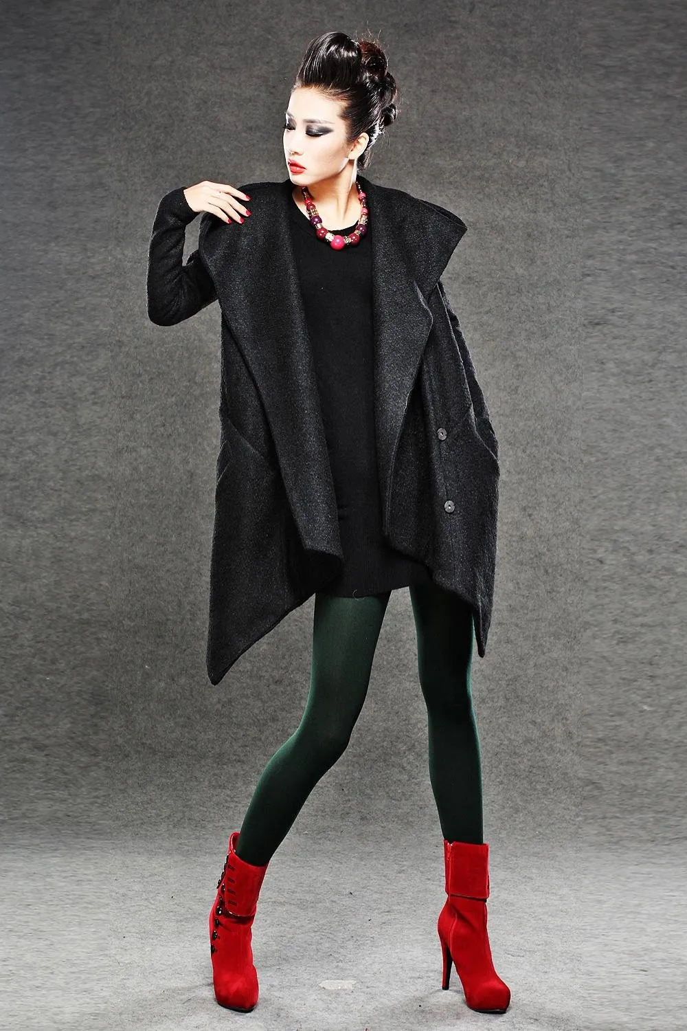 Black Winter Pea Coat - Wrap Around Short Hooded Womens Coat with Asymmetrical Hem (C038)