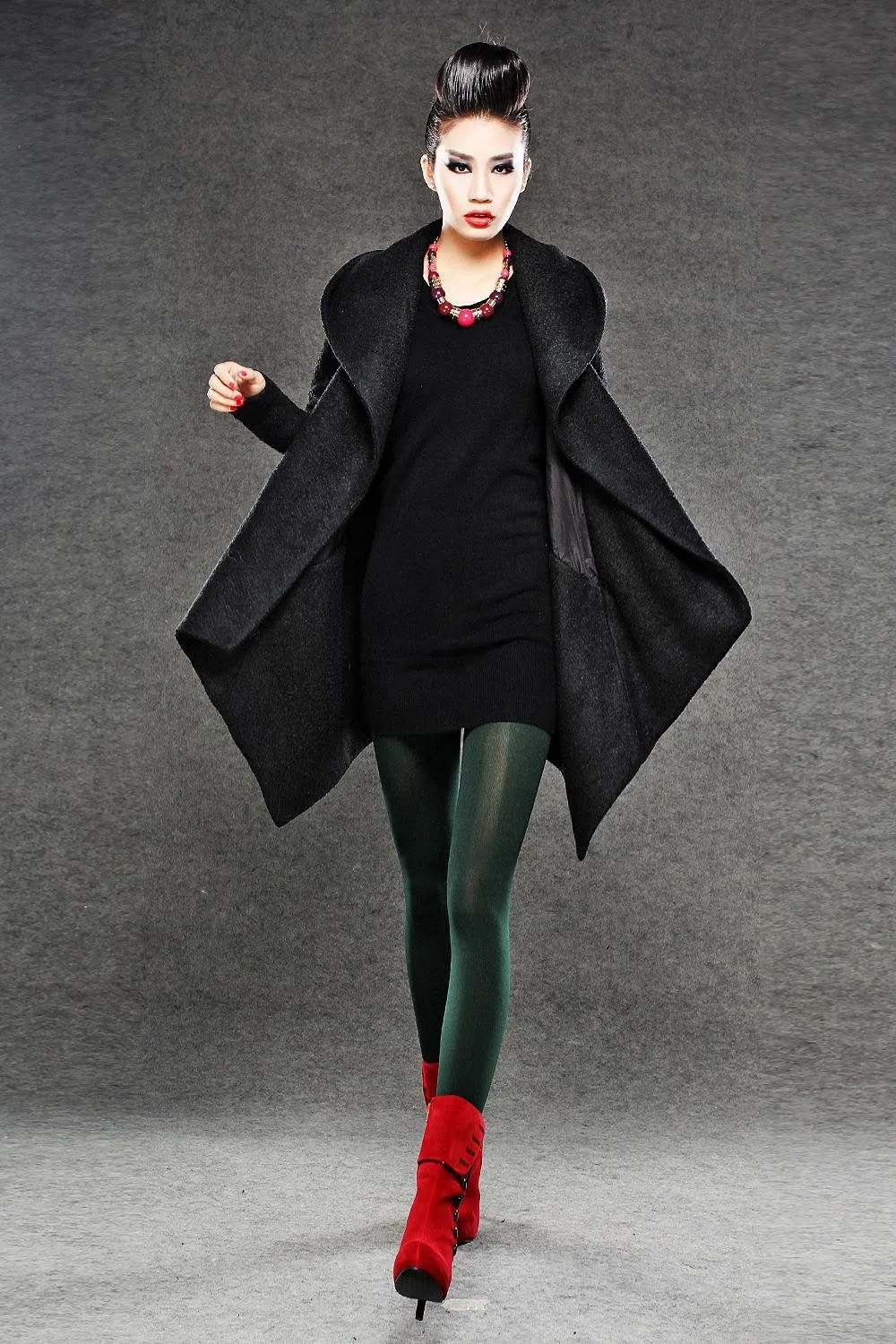 Black Winter Pea Coat - Wrap Around Short Hooded Womens Coat with Asymmetrical Hem (C038)