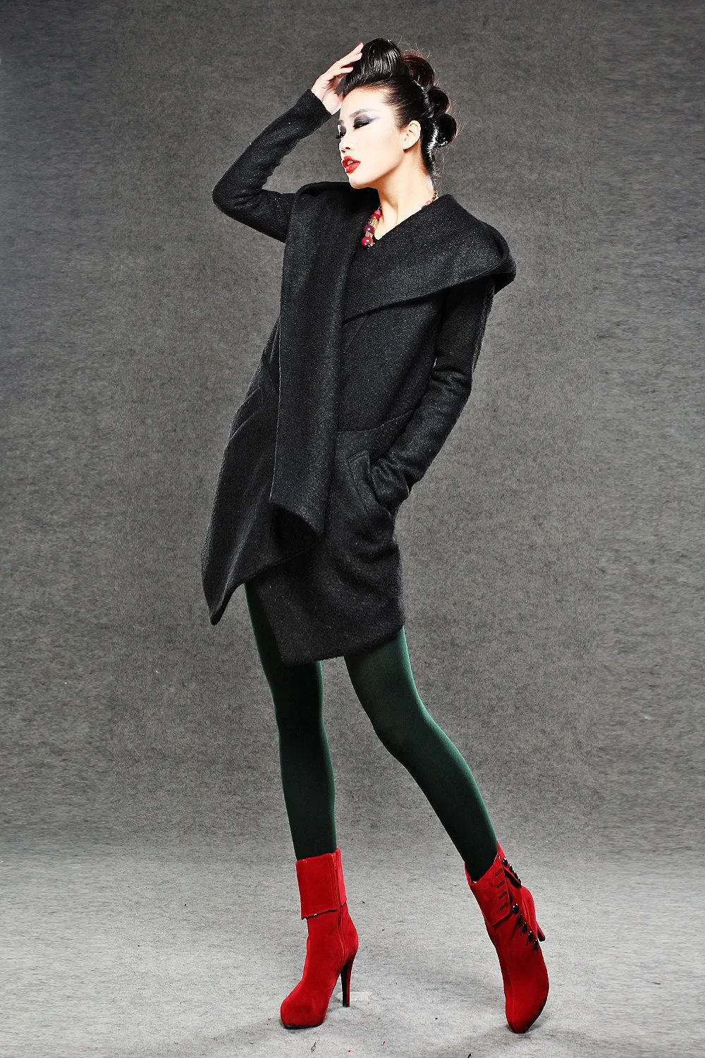 Black Winter Pea Coat - Wrap Around Short Hooded Womens Coat with Asymmetrical Hem (C038)