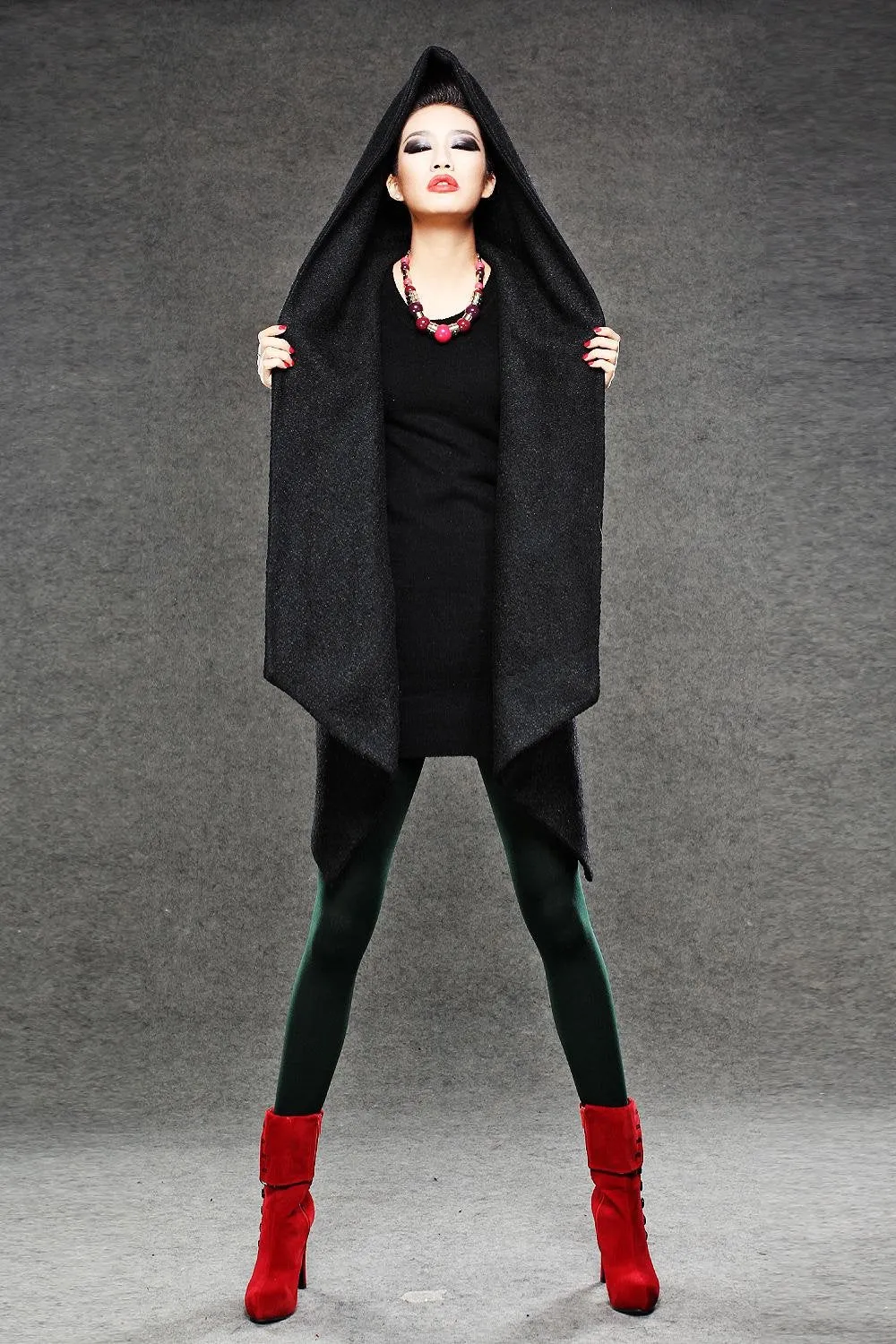 Black Winter Pea Coat - Wrap Around Short Hooded Womens Coat with Asymmetrical Hem (C038)