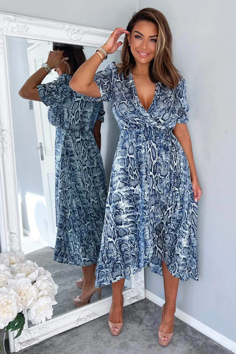 Blue Snake Print Tie Side Wrap Midi Dress