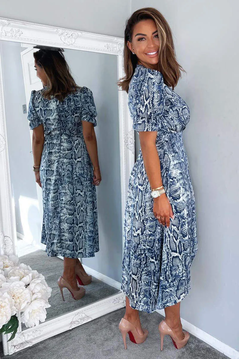 Blue Snake Print Tie Side Wrap Midi Dress