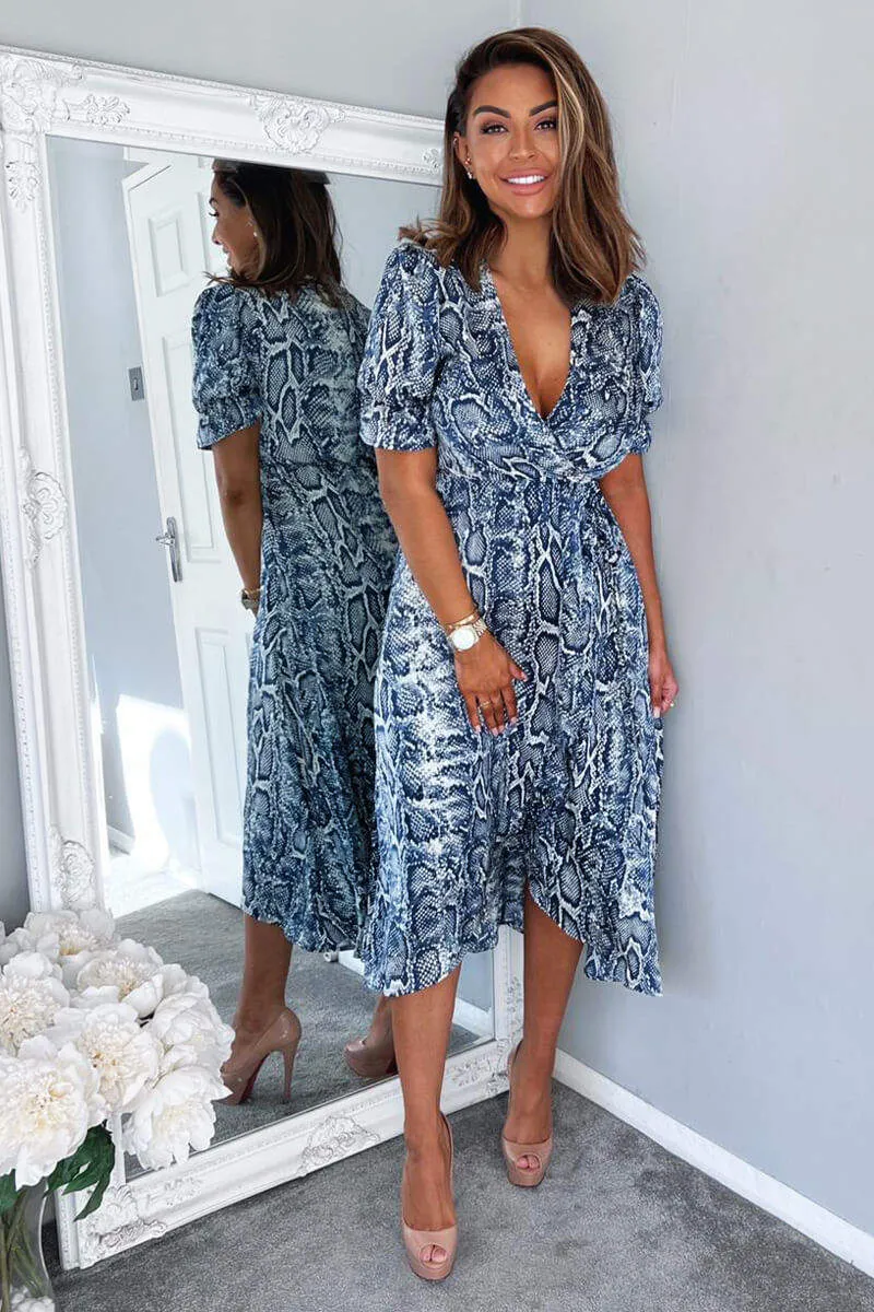 Blue Snake Print Tie Side Wrap Midi Dress