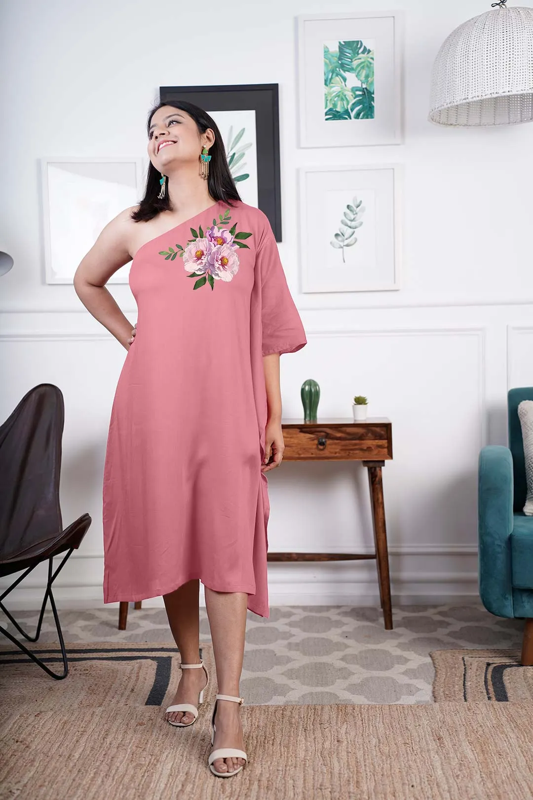 Blush Rayon OneShoulder Dress - Peonies