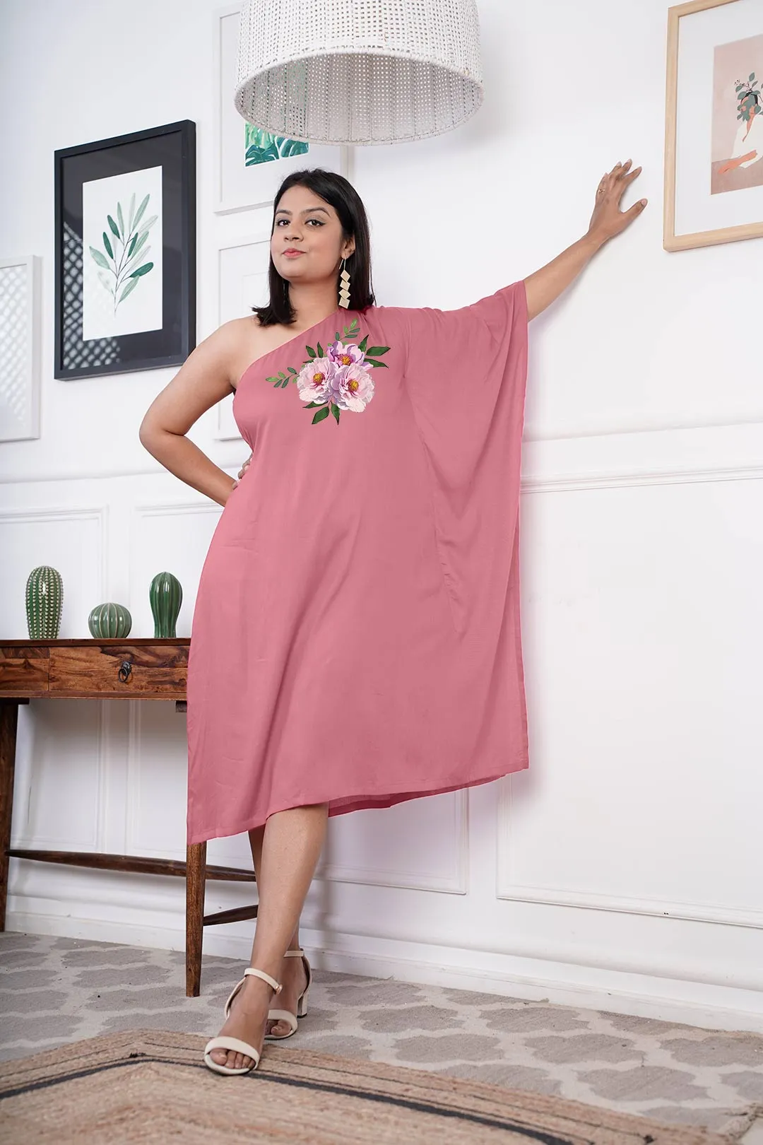 Blush Rayon OneShoulder Dress - Peonies