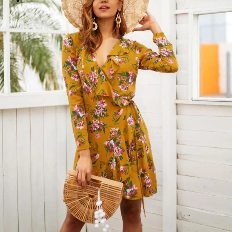 Bohemian Ruffle Floral Print Wrap Dress