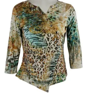 Boho Chic - Animal Maze, Split Neck, Decorative Chrome Buttons, Woman's Top