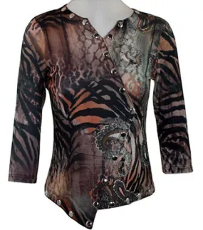 Boho Chic - Jungle Maze, Dimensional Print, Split Neck, Chrome Button Accents