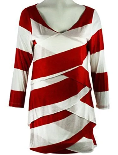 Boho Chic - Red & White, , V-Neck, Red and White Criss Cross Stripes Top